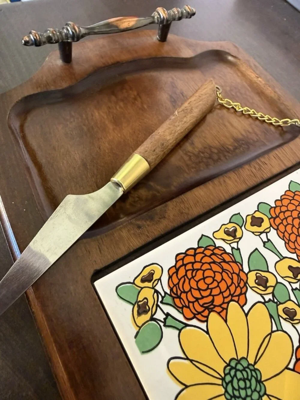 Vintage Gail Craft Wooden Cheese Board  Floral Center Trivet and Knife 1970's
